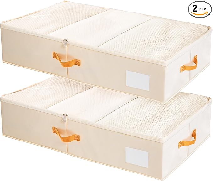 Criusia Under Bed Storage Bins with Clear PVC Lids – 2 Pack Large Underbed Organizers with Heavy-Duty Handles, Reinforced with 800G PP Panels & 80G Non-Woven Fabric – Waterproof & Foldable, Beige