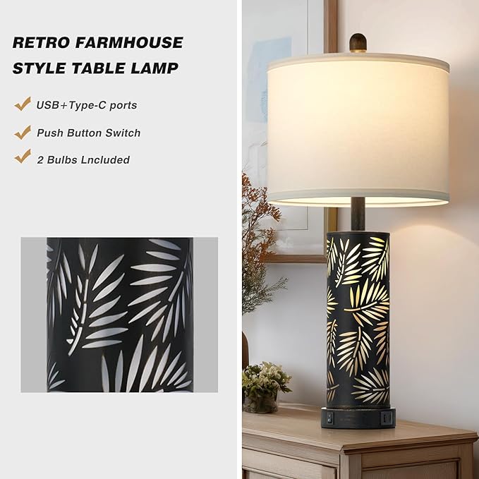 Cinkeda Set of 2 Rustic Table Lamps for Living Room Bedroom, Vintage Farmhouse Nightstand Lamp with 2 USB Ports, Hollow Out Black Metel Lamp for End Table with Nightlight (Retro Black)
