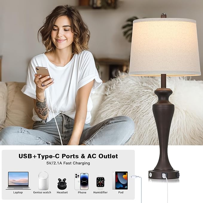 luxeflow 30" Brown Table Lamps Set of 2, 3-Way Touch Control Bedside Lamp with USB A+C Ports and AC Outlet, Tall Living Room Lamps for End Table, Elegant Coffee Bedroom Lamp for Night Stand
