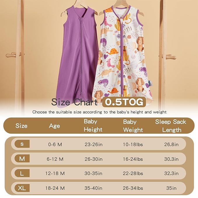 TILLYOU 2 Pack Infant Sleep Sack 0-6 Months 100% Cotton Wearable Blanket 0.5 TOG Sleeveless Summer Sleep Sacks with 2-Way Zipper, Animal Graffiti & Purple