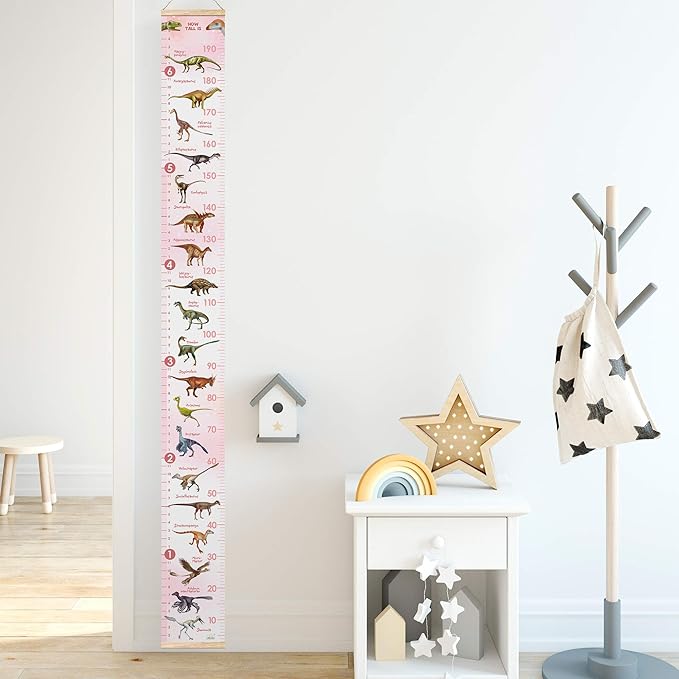 LIFELIKO Personalised Growth Chart for Dinosaur Lovers, Removable Wall Ruler for Boys and Girls, Kid’s Room Decoration (Pink)