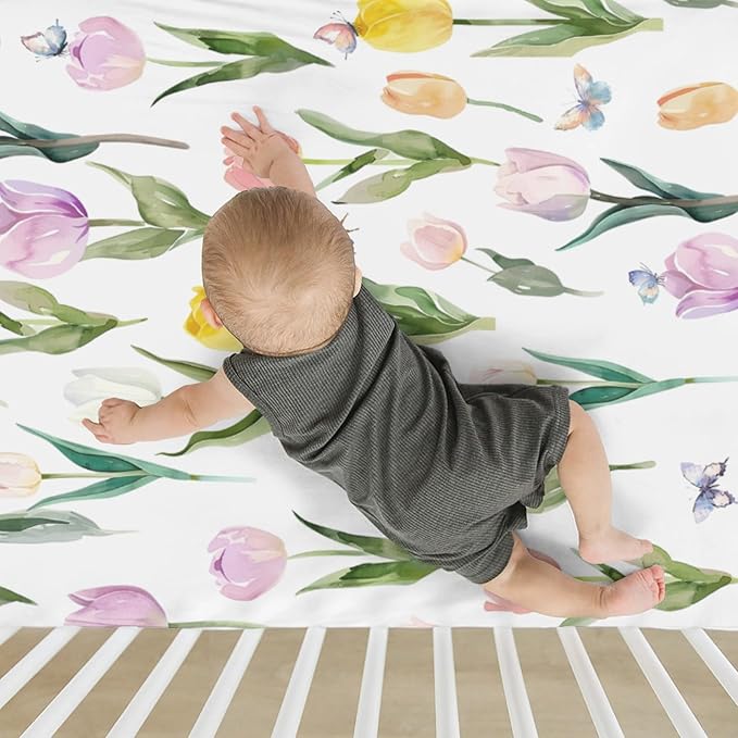 Watercolor Tulips Bees Baby Crib Sheets for Boy Girl 52"x28" Colorful Spring Floral Butterflies Soft Snug Fitted Crib Mattress Cover Garden Flowers Baby Sheet for Standard Crib & Toddler Mattress