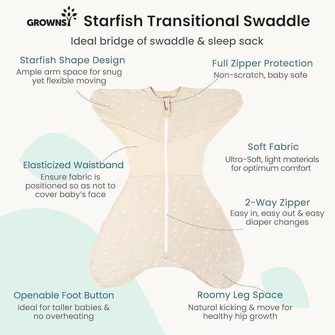 GROWNSY Transitional Swaddle Sleep Sack 3-6 Months, Starfish Design Baby Swaddle Sack, Dual-Zipper for Easy Diaper Changes, Proper Hip Development & Openable Foot Button, 12-20lbs, Deer