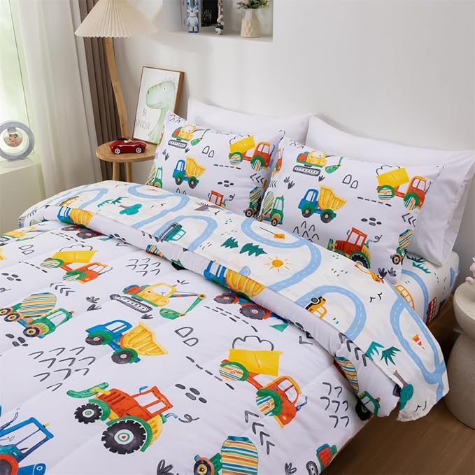 NTBED 5 Pieces Construction Truck Twin Comforter Set for Boys Kids Colorful Painting Vehicles Excavator Lightweight Microfiber Bedding Sets