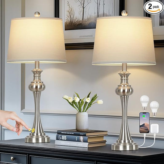 Cinyirong 28.75" Silver Table Lamps for Living Room,Touch Lamps for Bedrooms Set of 2 - Nightstand Table Lamp with USB C+A, 3 Way Dimmable Bedside Lamps End Tables Brushed Nickel