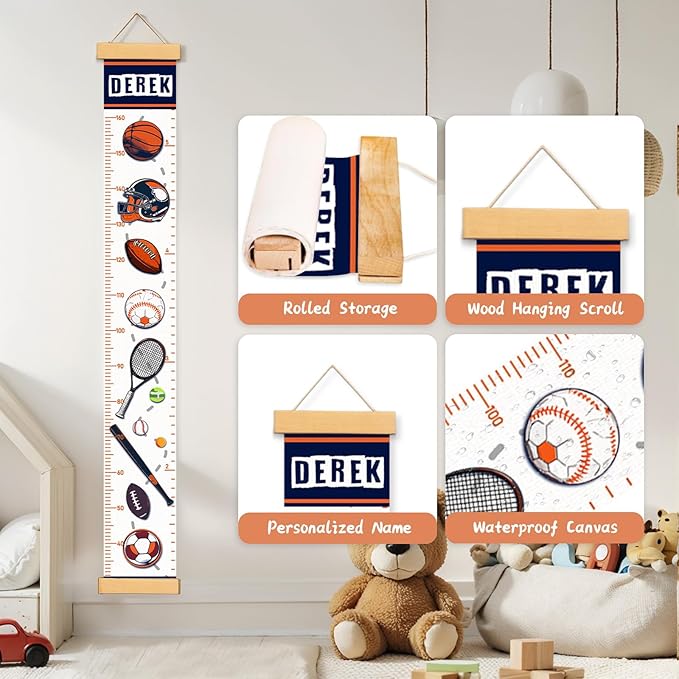 Woodemon Personalized Name Growth Chart for Kids, Ball Measuring Height Chart, Meaningful Memories Through Kid Size Chart Measurement, Growth Chart Ruler for Wall, Toddler Room Decor