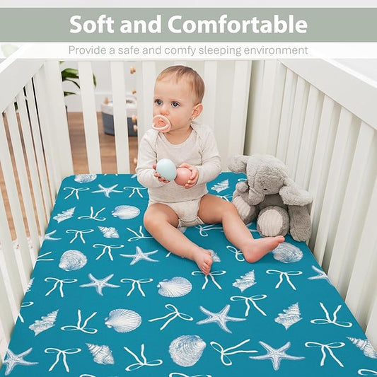 Summer Conches Bows Sea Baby Crib Sheets for Boy Girl 52"x28" Ocean Seashells Beach Soft Snug Fitted Crib Mattress Covers Boho Nautical Life Baby Sheet for Standard Crib and Toddler Bed Mattress Blue