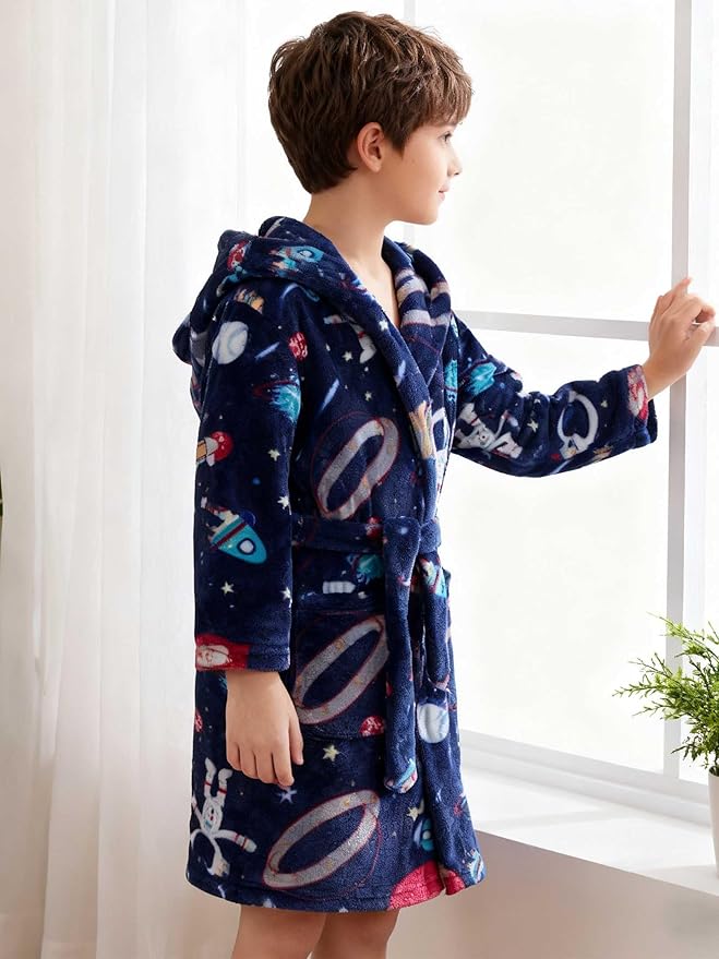 SANGTREE Boys Girls Robe Fleece Hooded Soft Toddler Bathrobe Cute Boys Bathrobe Fuzzy Plush Robes for Kids, 2-12 Years