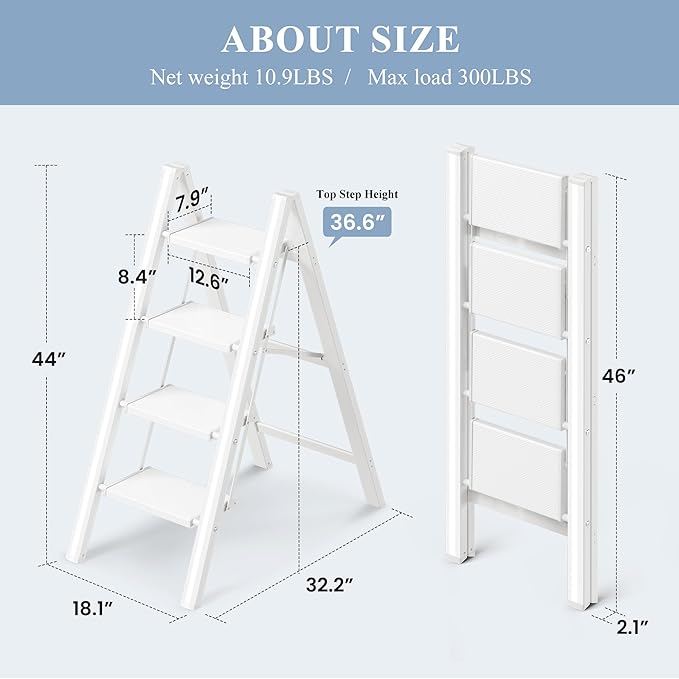 GameGem 4 Step Ladder, Folding Step Stool with Wider Pedal, Anti-Slip Feet & Non Slip Stripes, Aluminum Sturdy Material, 300Lbs Capacity, Elegant Look of Modern White Better Matches Your Home