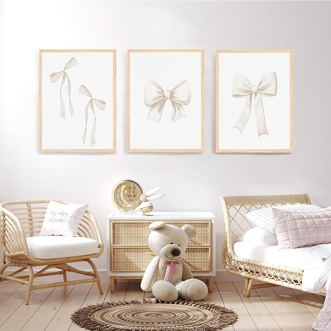 PicturePerfect Decor Bow frame wall art decoration set of 3 pieces beige aesthetic wall art fashion girl bedroom wall decoration beige bow print living room university apartment 16x24 inches