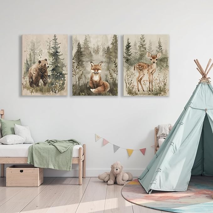 ICHZUMW Woodland Animals Nursery Wall Decor, Nursery Wall Art, Watercolor Bear Fox Deer Painting Print Artwork for Boys Girls Kids Room, Wrapped Canvas, Ready to Hang, 12x16in, Set of 3