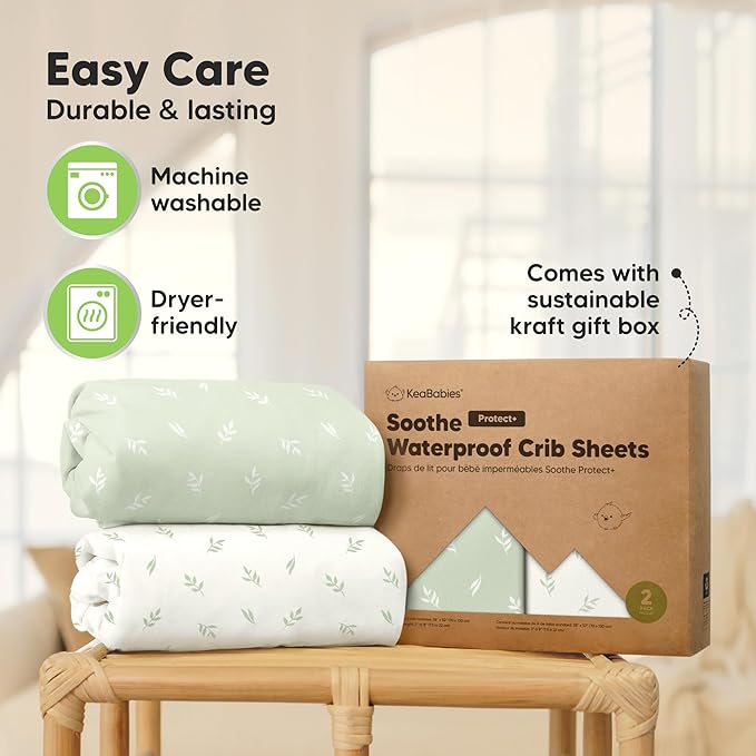 2-Pack Waterproof Crib Sheets for Girl, Boy - Organic Cotton 52X28 Fitted Crib Sheets Neutral, Crib Mattress Protector Sheets, Soft Toddler Bed Sheets,Washable Infant Fitted Baby Crib Sheets (Herb)