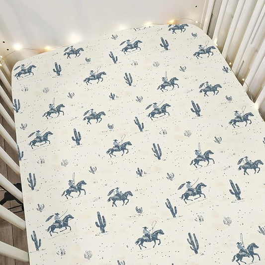Vintage Western Cowboy Baby Crib Sheets for Boy Girl 28"x52" Retro Cowboy Horse Cactus Soft Stretchy Fitted Crib Mattress Cover Wild Desert Baby Sheet for Standard Crib & Toddler Mattress Pads