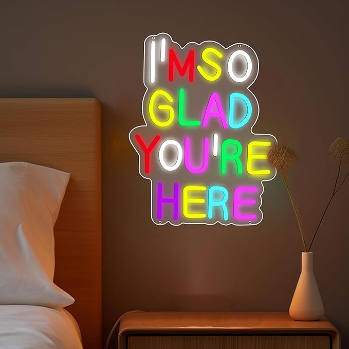 Enuoli I'm So Glad You Here Neon Sign Wall Decor Letter LED Neon Lights Light Up Signs For Kids Room Dimmable Positive Affirmation LED Neon Light Sign Home Business Wall Art Decor