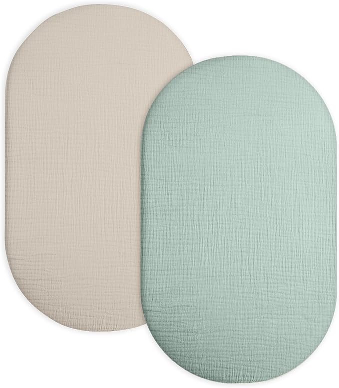 Bassinet Sheet for Baby Boy Girl 2 Pack, Fitted Sheets for Rectangle, Oval, Hourglass Bassinet Mattress, Muslin Moses Basket Sheets (Beige & Sage, Bassinet Sheet)
