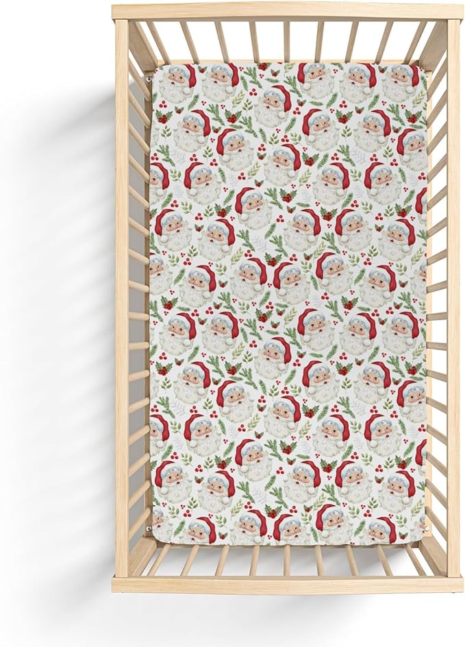 Vintage Christmas Santa Baby Crib Sheets for Boy Girl 52"x28" Santa Claus Cherry Fir Leaves Soft Snug Fitted Crib Mattress Cover Winter Holiday Baby Sheet for Standard Crib & Toddler Bed Mattress