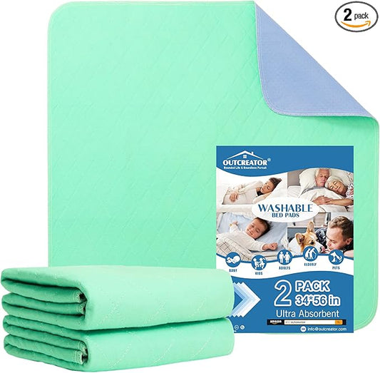 OUTCREATOR® Washable Bed Pads 34" x 56" (Pack of 2), Incontinence Mattress Protector, Anti-Slip Waterproof Underpads for Adults Kids Elderly Pets, Absorbency & Reusable Bedwetting Pads (Solid Green)