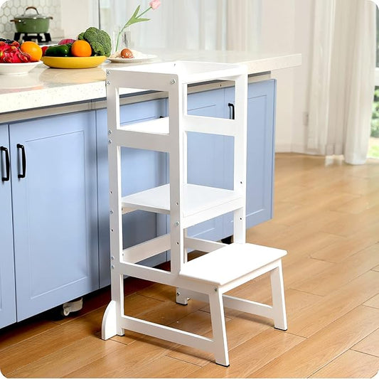 Mother's Helper Adjustable Height Step Stool, Kids Learning Toddler Tower With Safety Rail for Kitchen Counter, Montessori Stool (White)