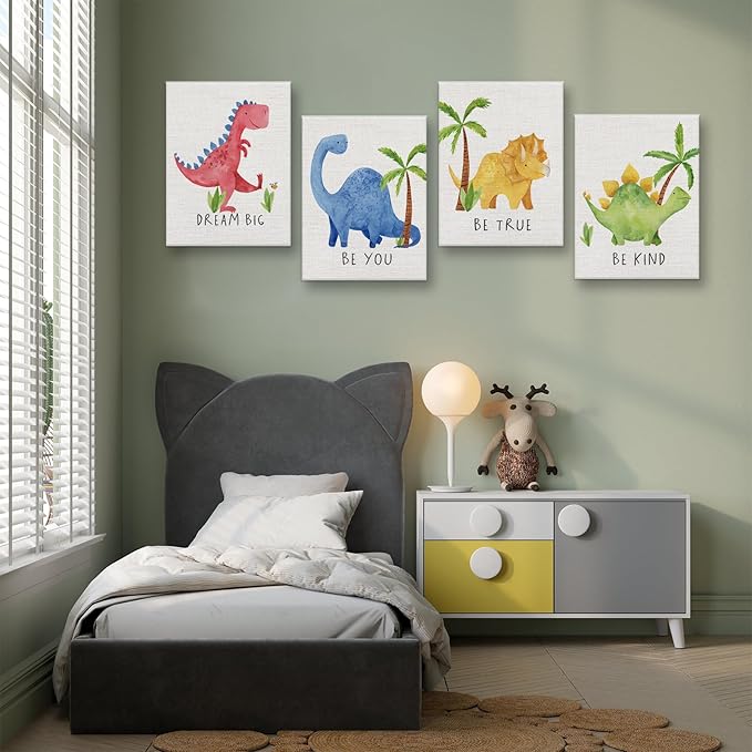 Cute Watercolor Dinosaur Prints Inspirational Motivational Quotes Canvas Wall Art Nursery Decor Wall Decor Funny Poster Artwork for Kids Room Classroom Bedroom Decorations,4PCS,Framed,8x10IN