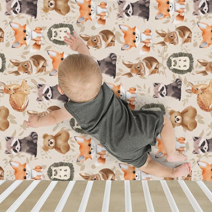 Vintage Animals Boho Floral Baby Crib Sheets for Boy Girl 28"x52" Bear Raccoon Deer Rabbit Hedgehog Leaves Soft Snug Fitted Crib Mattress Cover Baby Sheet for Standard Crib & Toddler Bed Mattress