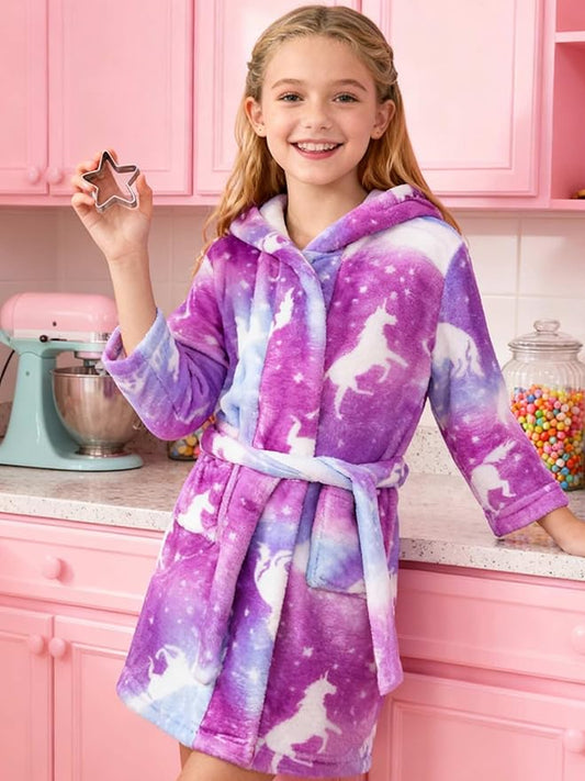 SANGTREE Boys Girls Robe Fleece Hooded Soft Toddler Bathrobe Cute Boys Bathrobe Fuzzy Plush Robes for Kids, 2-12 Years