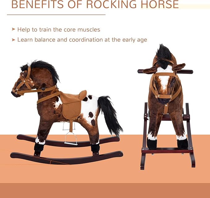 Qaba Kids Wooden Plush Ride-On Rocking Horse Chair Toy with Realistic Sounds Dark Brown/White