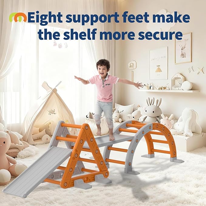 9-in-1 Pikler Triangle Set, HDPE PP Plastic Montessori Climbing Set, Durable 1-8 Toddler Climbing Toys Indoor with Arch, Ramp, Ladder & Slide, Indoor Playground Jungle Gym Playset for Toddlers, Orange