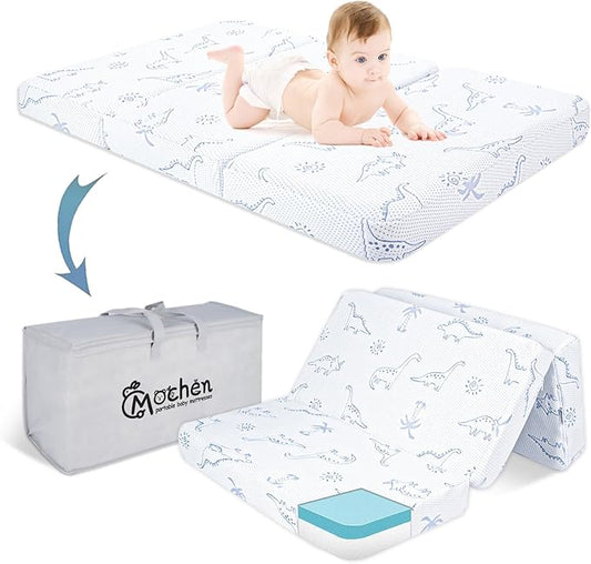 Mochen Trifold Pack and Play Mattress 38x26 Dual-Sided Pack n Play Memory Foam Mattresses Pad with Removable Dinosaurs Cover & Travel Bag, Portable Baby Mattress for Pack N Play