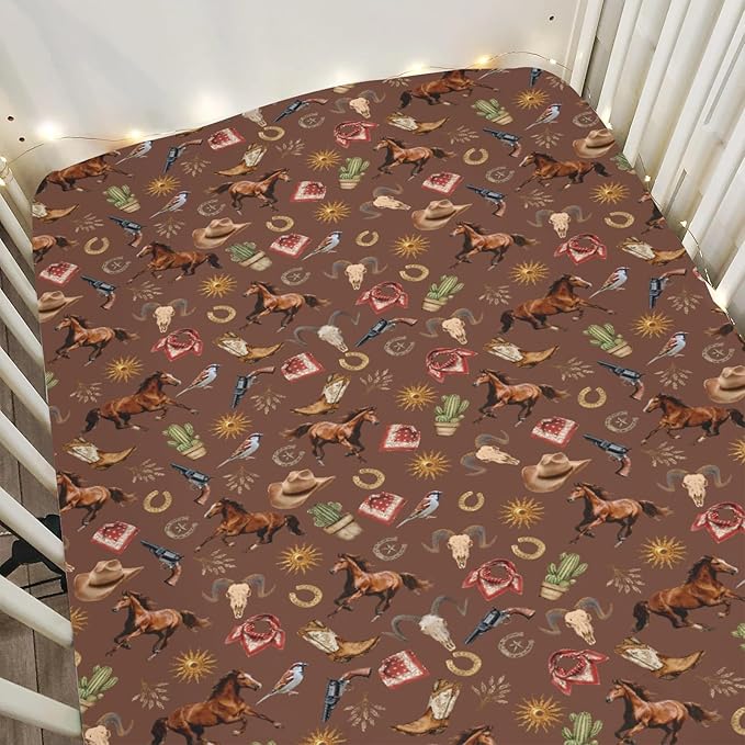 Western Cowboy Baby Crib Sheets for Boy Girl 52x28Inch Vintage Horse Cowboy Boots Hat Cactus Goat Sun Soft Snug Fitted Crib Mattress Cover Wild West Baby Sheet for Standard Crib & Toddler Mattresses