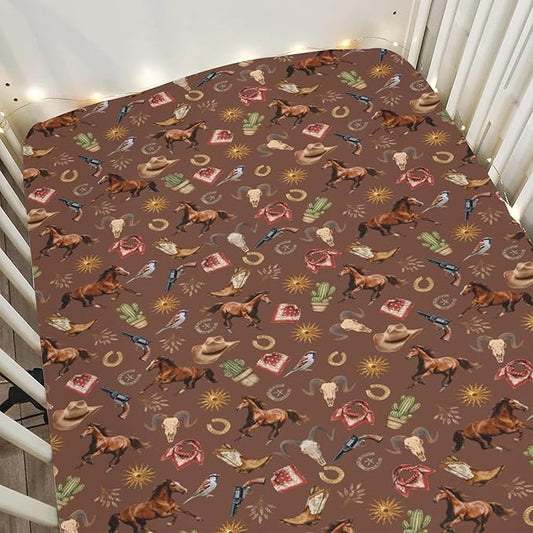 Western Cowboy Baby Crib Sheets for Boy Girl 52x28Inch Vintage Horse Cowboy Boots Hat Cactus Goat Sun Soft Snug Fitted Crib Mattress Cover Wild West Baby Sheet for Standard Crib & Toddler Mattresses