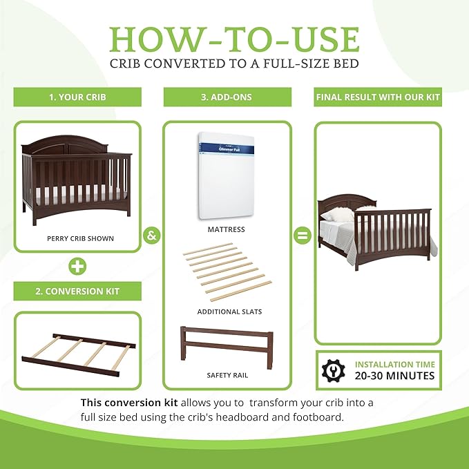 Full-Size Conversion Kit Bed Rails Compatible with Delta Children Convertible Cribs - Solid Wood Rail #0050 - Toddler and Adult Bed Rail for Full-Size Beds - Baby Furniture (Walnut Espresso - 1324)