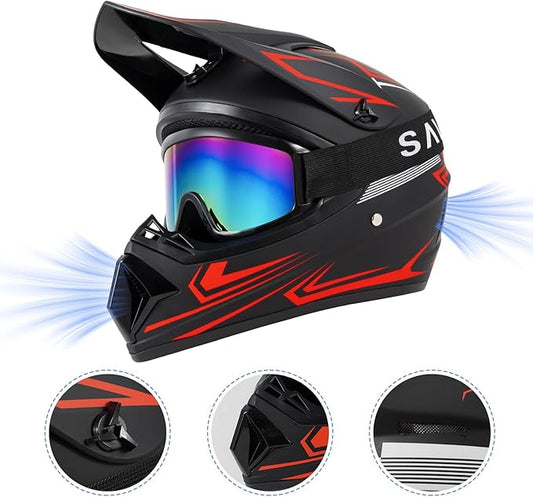 Youth Kids Dirt Bike Motocross Helmet (Goggles Gloves Face Mask) 4PCS Set, DOT Approved Boys Girls Full Face Motorcycle Helmets, ATV BMX MX Mountain Bike Off Road Kid Helmet (Red, L)