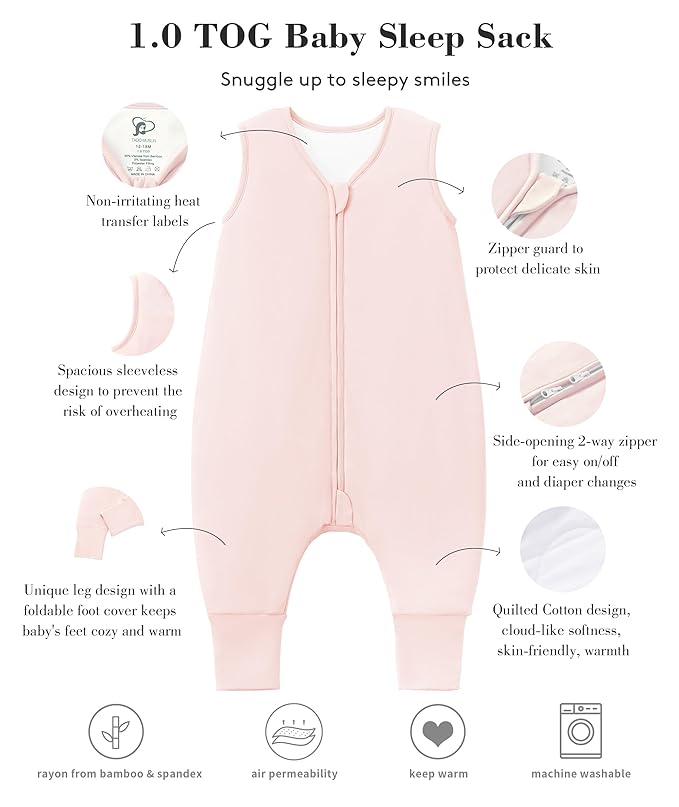 Baby/Toddler Sleep Sack with Legs, Rayon from Bamboo 95% + 5% Spandex, 1.0 TOG, 2‑Way Zipper Sleeping Bag, Walker‑Friendly 18-36M Pink