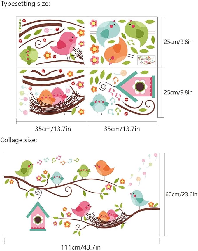 ROFARSO Colorful Cute Cartoon Lovely Birds Singing On The Branch with Flowers Wall Stickers for Kids Removable Wall Decals DIY Decorations for Nursery Baby Boys Girls Bedroom Playroom Living Room…