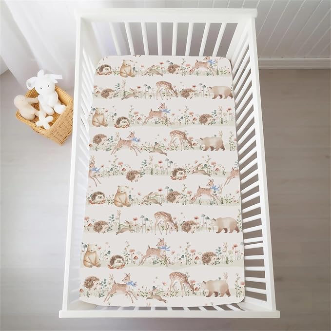 Pastel Animals Bows Floral Mushroom Baby Crib Sheets for Boy Girl Cute Bear Deer Bunny Hedgehog Soft Snug Fitted Crib Mattress Covers for 52''x28'' Standard Crib & Toddler Mattress Nursery Bed Sheets