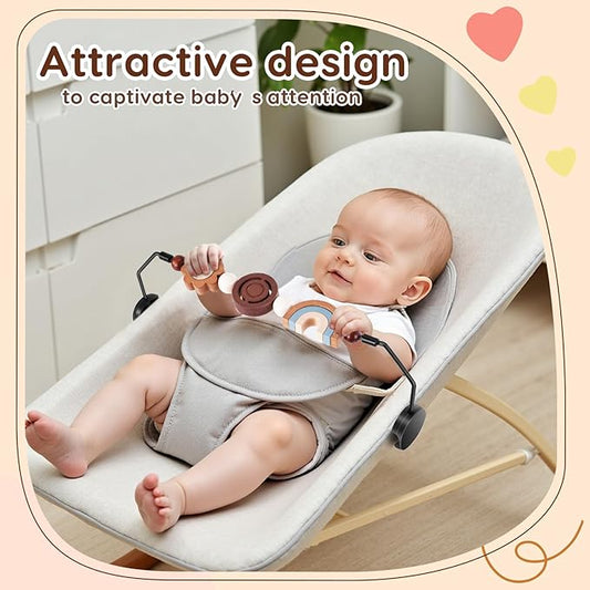 Baby Bouncer Toy Bar Wooden Compatible with Baby Bjorn Bouncer, Durable Wooden Bouncer Toy Bar Attachment, Tight and Secure Fit, Rotatable Sensory Toys for Curious Babies (Flower and Rainbow)