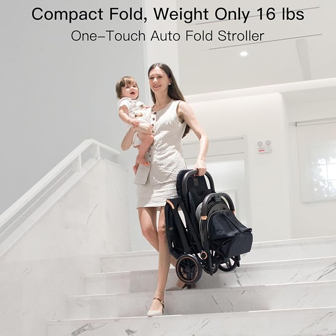 Gravity Folding Baby Stroller - Portable Travel Toddler Stroller w/Adjustable Backrest, Canopy, Footmuff & Cup Holder, Lightweight and UV Protected, One-Hand Automatic Folding - Dark Gray
