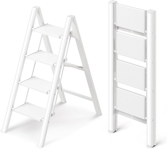 GameGem 4 Step Ladder, Folding Step Stool with Wider Pedal, Anti-Slip Feet & Non Slip Stripes, Aluminum Sturdy Material, 300Lbs Capacity, Elegant Look of Modern White Better Matches Your Home