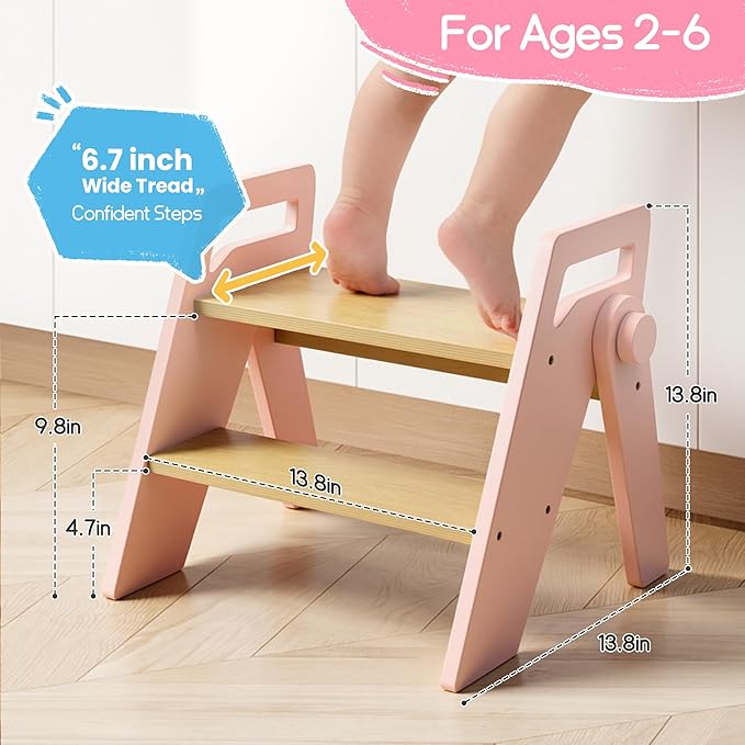 HOMEKOL Toddler Kids Step Stool: Wooden 2 Step Stool for Bathroom Sink, Foldable, Pink