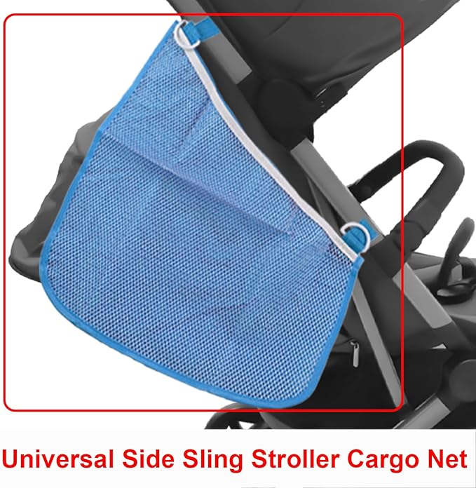 Anglepingping 2 Pack Universal Side Sling Stroller Cargo Net, Non-Slip and Adjustable Straps Storage Mesh Bag,Portable Mesh Storage Organizer (Blue)