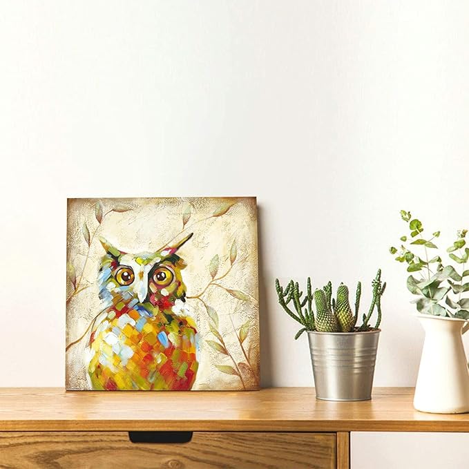 Funny Animal Owl Oil Paintings Canvas Wall Art for Kid's Room Decoration Wall Decor Ready to Hang 24x24 inch
