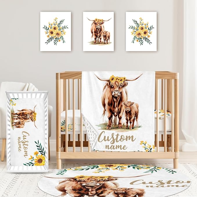 Personalized Baby Crib Bedding Set: 4 Piece Custom Yellow Highland Cattle Crib Bed Set with Name, Nursery Bedding Set for Baby Girls, Newborn Boys Crib Sets, Crib Bedding Custom Gift, Crib Sheet