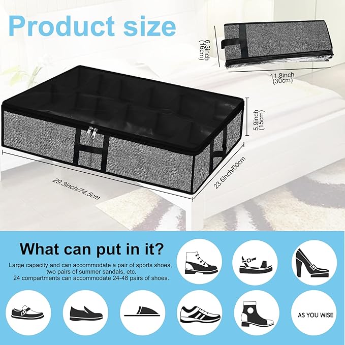 Meerainy Under Bed Shoe Organizer Storage for Closet 2 Pack- Fits 24 Pairs Underbed Shoes Container Boxes with H Shap Sturdy Handles and Clear Window,Foldable Shoe Rack Holder,Black