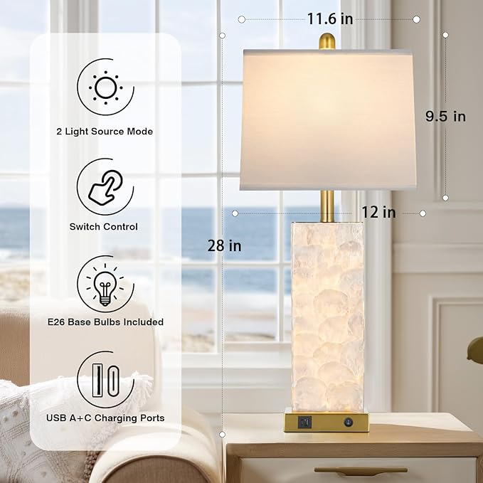 luxeflow 28" Coastal Table Lamps for Living Room Set of 2, Bedside Lamps with Night Light, USB A+C Ports, Modern Sea Shell Bedside Night Stands Light for Beachy Cottage Decor (Gold)