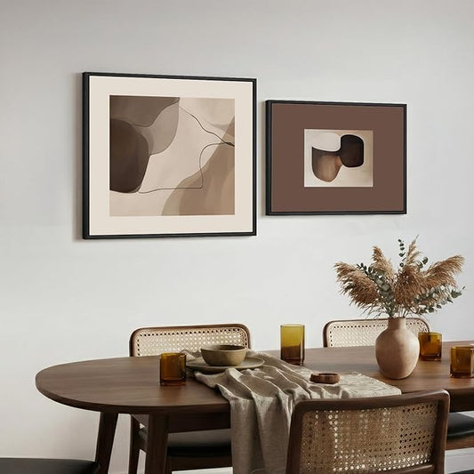 Framed Neutral Abstract Wall Art Bedroom Set of 2, Minimalist Brown Artwork for Living Room Walls, Mid Century Modern Abstract Paintings Prints for Hallway Office Kitchen Wall Decor, 24x24 & 24x18 In