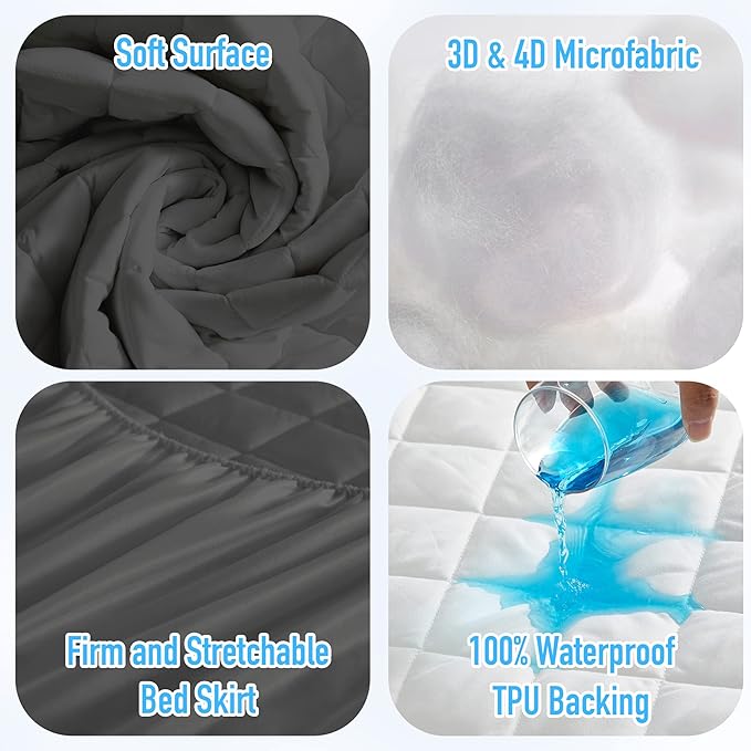 HYLEORY Twin Size Waterproof Mattress Pad Protector, Breathable Quilted Mattress Cover Noiseless Waterproof Fitted Sheet Mattress Topper Upto 21" Deep Pocket, Dark Grey