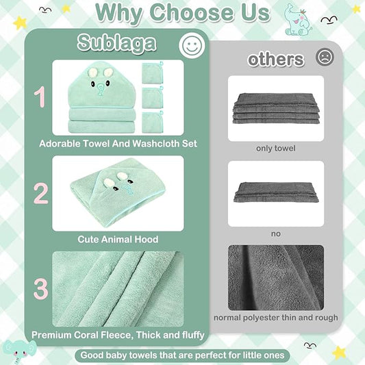 4 PCS Baby Towel Set, Hooded Bath Towel for Infants, Toddlers and Kids, Soft Animal Baby Bath Towels & 3 PCS Washcloths, 32x32 in Hooded Baby Bath Towel for Boy and Girl (Green Elephant)