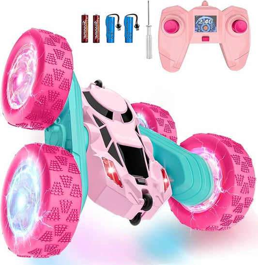Pink Remote Control Car for Girls, Double Sided with Shining Headlights & Wheel Lights, Girl Princess Toys, Rechargeable Toy Car for 6-7 6-8 9 10-12 Year Old Girls Birthday