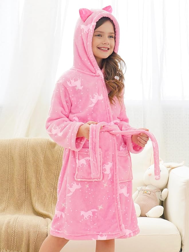Doctor Unicorn Girls Leopard Cat Robe Kids Fleece Warm Hooded Bathrobe