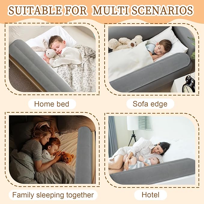 Inflatable Bed Bumpers for Toddlers, Non-Slip Bed Bumper with Machine-Washable Cover, Travel Bed Rail for Kids for King, Queen, Twin, Full, Portable Inflatable Toddler Bed for Hotel, Vacation